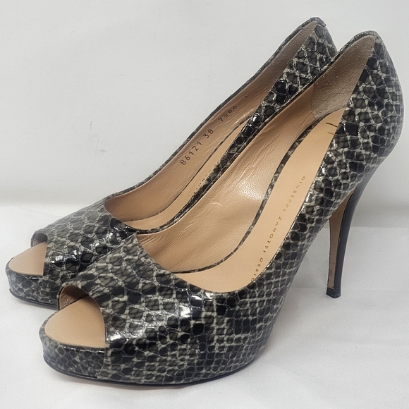Giuseppe Zanotti Shoes - Giuseppe Zanotti Embossed Leather Pumps Heels Black Grey Peep Toe Sz EUR 38 US 8